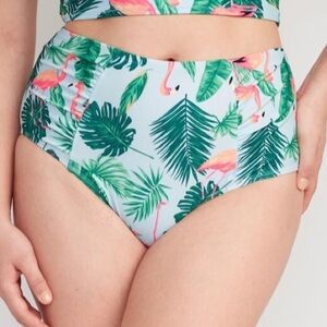 NWT! True Blue Flamingo Print High-Waisted Printed Ruched Bikini Swim Bottoms 🌻